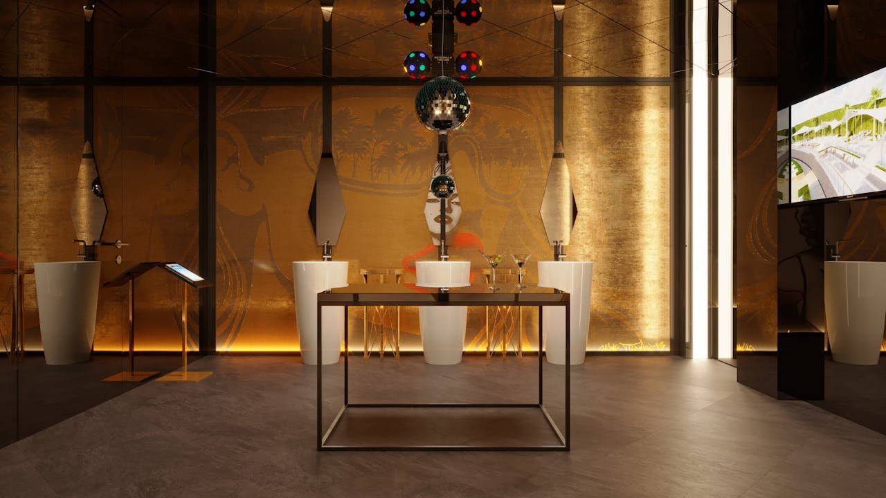 Elegant indoor setting featuring modern decor with gold accents, a stylish table, and ambient lighting.